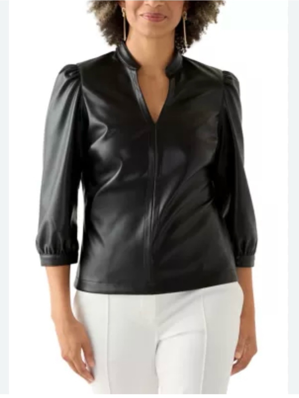 Philosophy Black Vegan Leather Split Neck Puff Sleeve Top Blouse S